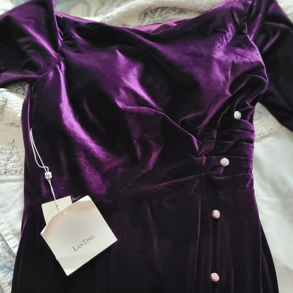 Velvet Off-Shoulder Evening Dress in Deep Purple